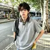 Camisa Polo Retro Americana Negra Manga Corta Verano para Hombre Sentido del Diseño Atar Patchwork Cuello Camisa Sensación de Alta Gama Manga Media