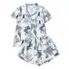 Europa 2026 Verano Conjunto de Pijama de Burbuja Crepé para Mujer Manga Corta Simple Azul Ropa de Casa Venta Directa de Fábrica