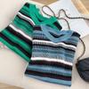 2023 Primavera y Verano Nuevo Pulóver de Manga Corta a Rayas Azul Francés y Verde para Mujer Top de Algodón Cuello Redondo Combinación de Colores Camiseta Tejida