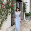 Vestido Azul Floral Romántico Francés con Mangas Cortas Volantes Verano 2026 Nuevo Estilo Estilo Suave Vestido Largo para Vacaciones en la Costa para Mujeres