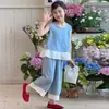 Conjunto de Roupa de Verão para Meninas 2026 Novo Tendência Estilo Coreano Celebridade da Internet Conjunto de Duas Peças Jeans com Acabamento de Renda