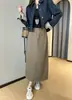 Saia longa de bolso com tom de madeira de qualidade, mistura de linho, cintura alta, saia evasê emagrecedora para mulheres, novo modelo Outono 2026 H081701