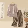 342 conjunto # Conjunto de una pieza de lino-algodón para mujer, camisa de lino de verano y pantalones de pierna ancha, conjunto casual de dos piezas para madres