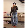 Jeans American Retro de Bambu Desconstruído Solto Estilo Cimitarra para Mulheres, Design de Primavera e Outono, Calça Larga Lavada de Comprimento Total