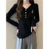 Primavera y Otoño Nueva Camiseta de Manga Larga con Botones y Cuello en V para Mujer Diseño Nicho Talla Grande Top Ins Tendencia