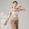 Novo Traje de Dança em Renda com Cordões em Ambos os Lados, Mangas Longas, Gola Fluida, Camisa Leve para Cobrir, Top Tie-Dye para Mulheres