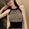 Nuevo Camisole de Punto de Seda de Hielo a Rayas con Cuello Halter de Verano 2026 para Mujer, Top Corto Sexy de Chica Picante de Deseo Puro