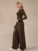 Conjunto de Dos Piezas Estilo Perezoso Europeo y Americano Top Corto Marrón de Manga Larga Pantalones Casuales de Pierna Ancha Traje de Moda y Cómodo para Mujer