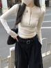Foto Real Primavera Cedo Novo Estilo Coreano Slim Fit Design com Zíper Senso de Design Versátil Gola Redonda Algodão Manga Longa Camiseta Feminina 76325 Top