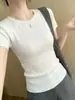 Top de punto acanalado estilo coreano con cuello redondo y manga corta para mujer, verano, temperamento, adelgazante, versátil, camiseta, top fino y fresco
