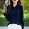 Cardigã de lã penteada de outono precoce, gola fina, top de malha, moda feminina, bordado com miçangas, suéter com gola polo