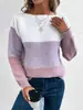 Suéter de Punto de Bloques de Color de Nuevo Estilo Otoño e Invierno Transfronterizo 2026 para Mujer, Jersey de Manga Larga con Cuello Redondo de Bloques de Color de Comercio Exterior Ropa para Mujer