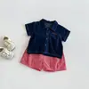 Conjunto Casual Sencillo de Camisa de Mezclilla Dianxi para Bebés Niños, Nuevo Conjunto de Dos Piezas Veraniego de Camisa de Manga Corta y Pantalones a Cuadros