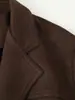 Blazer elegante de camurça sintética marrom escuro de comércio exterior transfronteiriço para mulheres com lapela, abotoamento simples, cinto e design de cintura com laço