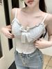 381 # Dulce y Tierno Chaleco de Orejas de Lazo Francés, Nuevo Top Niche Delgado Corto de Verano con Cuello en V