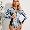 [Traje de banho esportivo novo europeu e americano para mulheres] zíper de manga comprida peça única justo estampado roupa de banho para snorkeling surfe