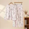 Pijama feminino, tecido crepe 100% algodão puro, estilo primavera/outono, gola redonda, mangas compridas, calça comprida, corte solto, tamanho grande, adequado para usar em casa ou como roupa de exterior