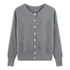 Cárdigan suéter de punto de estilo coreano para mujer, color gris suave, cuello redondo, corte holgado, estilo vintage perezoso