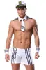 Conjunto de Ropa Interior Sexy para Hombre con Empalme de Malla de Charol Negro Nuevo Europeo y Americano Traje de Bombero Azul Marino