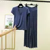 Conjunto de moda de verano ligero de modal con cuello en V y manga corta, y pantalones casuales de cintura alta, holgados, talla grande, adelgazante