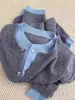 Suéter Cardigan Chaqueta Falso de Dos Piezas Estilo Pequeño Chanel Gris Ropa Exterior de Primavera y Otoño para Mujer Top de Punto de Manga Larga Corta Petite