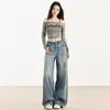 Jeans Larga de Alta Qualidade Azul Escuro com Estampa de Fogos de Artifício e Design Desgastado para Mulheres, Novo Modelo para 2025
