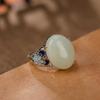 Anillo de plata de ley S925 con cloisonné, jade hetiano natural, flor vintage distintiva con cara de huevo, anillo de viento que combina con todo.