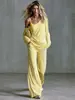 Conjunto Informal de Dos Piezas con Rayas Europeas y Americanas 2026 para Mujer, Top de Manga Larga Hombros Descubiertos con Tirante y Pantalones de Pierna Ancha, Atuendo de Estilo Relajado Venta al por Mayor