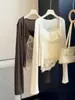 Conjunto de dos piezas para mujer: camisola sexy de encaje transparente estilo francés con lunares y almohadillas en el pecho, y cárdigan de punto, conjunto de tops de otoño