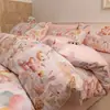 Juego de ropa de cama de cuatro piezas, rosa, 100% algodón, engrosado, cepillado por ambos lados, que incluye una sábana bajera engrosada, una funda de edredón y una sábana encimera, para calidez y comodidad en el dormitorio principal