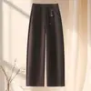 Calça de terno feminina preta personalizada, novo estilo de outono, cintura alta, corte solto, afina a silhueta, perna reta, corte curvo para figuras baixinhas