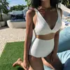 Bikini Sexy Retro Sencillo de Fábrica con Escote Profundo, Cintura Alta, Cubre Vientre, Adelgazante, con Abertura, para Baño en Aguas Termales para Mujeres