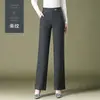 1007 Calça de Sarja Xadrez Wide-leg Primavera e Outono Calça Reta para Meia-idade Calça Solta para Mãe plus size Listrada Casual Calça Feminina para Meia-idade