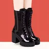 Botas de Moda de Charol con Tacón Alto para Mujer con Cordones 2026 Otoño Cremallera Lateral Botines Plataforma Tacón Grueso Invierno Botas de Media Caña Más Terciopelo