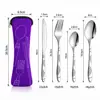 Set de cubiertos de acero inoxidable de tres piezas para Amazon, que incluye cuchillo para bistec, tenedor y cuchara, en una bolsa de tela creativa, adecuado para estudiantes y uso al aire libre