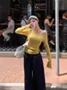 Hilo de mechaÚnico top de punto rojo de manga larga asimétrico (un hombro al descubierto) para mujer, estilo puro y seductor, top de un solo hombro