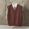 Chaleco de Lana Marrón con Cuello en V para Primavera y Otoño para Hombre Marca Trendy Ins Holgado Casual Sin Mangas Tejido de Punto Estilo Coreano Tejido de Punto Trendy
