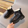 Botas cortas británicas de moda con forro polar de invierno para niños, botas de moda para niños, botas de algodón cálidas con suela suave y hebilla para niñas