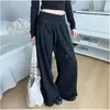 Calça de moletom cinza outonal folgada de perna larga para mulheres, cintura alta com cordão, calça longa casual com caimento macio, design reto que afina