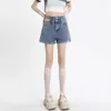 Shorts de Mezclilla Negros Grises Rizados para Mujer Verano Cintura Alta Sueltos Retro Línea A Pierna Recta Pierna Ancha Pantalones Cortos