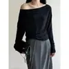Camiseta de Hombros Descubiertos Beishan Tongshu de Lana Tencel para Mujer, Corte Holgado, Casual, Top Versátil para Otoño 718
