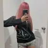 Top de manga larga con un solo hombro descubierto, corte holgado Y2K oscuro, con estampado de líneas plateadas abstractas, camiseta de manga larga para mujer