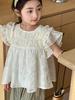 Camisetas de Manga Curta para Meninas 2026 Verão Novo Estilo Coreano Roupas Infantis Meninas Estilo Pequeno Elegante Tops Infantis Renda Camisas de Bebê