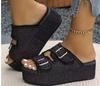 Comercio Exterior 2025 Hebilla de Cinturón de Mezclilla Metálica de Tamaño Grande Nuevo Sandalias Slip-On para Mujer Calzado de Verano para Exteriores Pantufla