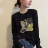 Camiseta de manga larga de algodón puro con estampado de dibujos animados para mujer, nuevo diseño popular de gato para principios de otoño 2026, top único y bonito