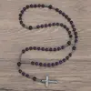 Collar con Colgante de Cruz para Hombre Europeo y Americano Piedra de Ojo de Tigre Obsidiana Cuentas Redondas Cadena Larga Cruz de Hematita Cruz de Rosario