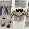 Leen KidsDiseño Original Otoño/Invierno Niñas Estilo Preppy Suéter de Punto Rayado Color Café Conjunto de Falda Plisada