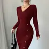 Vestido Transfronterizo Estilo Francés, Vestido Bodycon de Color Sólido de Longitud Media que Ceñe la Cintura, Vestido Base Ajustado de Punto para Otoño e Invierno 2025