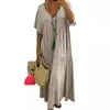 Vestido de comprimento médio com decote V que valoriza a silhueta, saia de algodão e linho para mulheres, loja TikTok Shopee transfronteiriça europeia e americana, tamanhos grandes