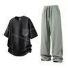 Camiseta de Manga Corta para Hombre con Diseño Estilo Americano, Marca de Verano de Moda, Corte Holgado, Talla Grande, Set Deportivo de Pantalones Largos Frescos de Seda de Hielo de Secado Rápido